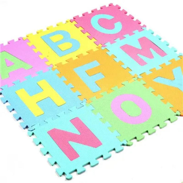 Colorful foam puzzle mat for babies, featuring educational ABC and number themes for a fun play area.