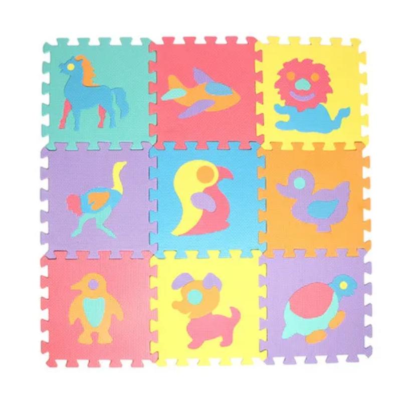 Soft, non-slip, waterproof EVA foam play mat in a 10-piece puzzle design for toddlers.