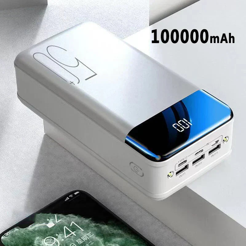 High capacity external battery pack, 100000mAh USB-C power bank, essential travel tech accessory.