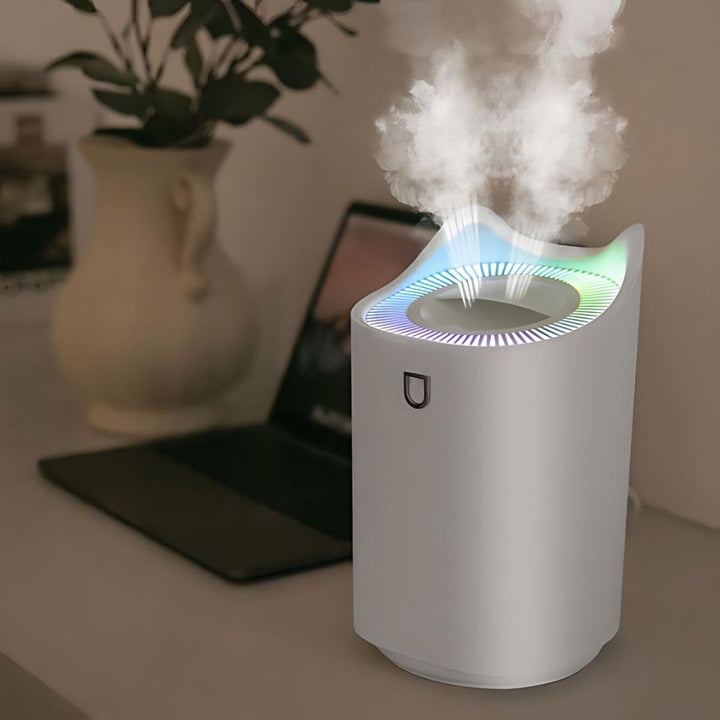 Silent ultrasonic humidifier for dry skin relief & respiratory health, promoting wellness at home.