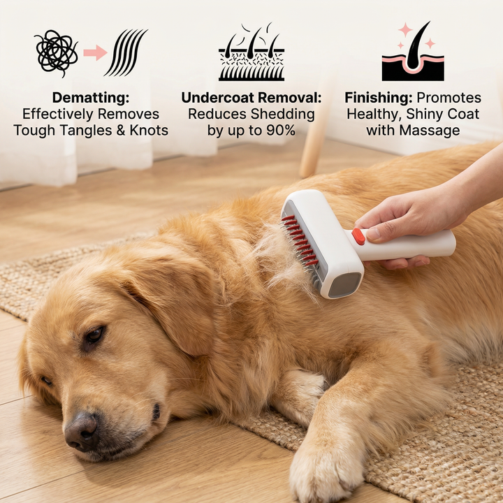 Comfortable pet grooming brush for cats & dogs. Undercoat comb gently detangles & desheds all hair types.