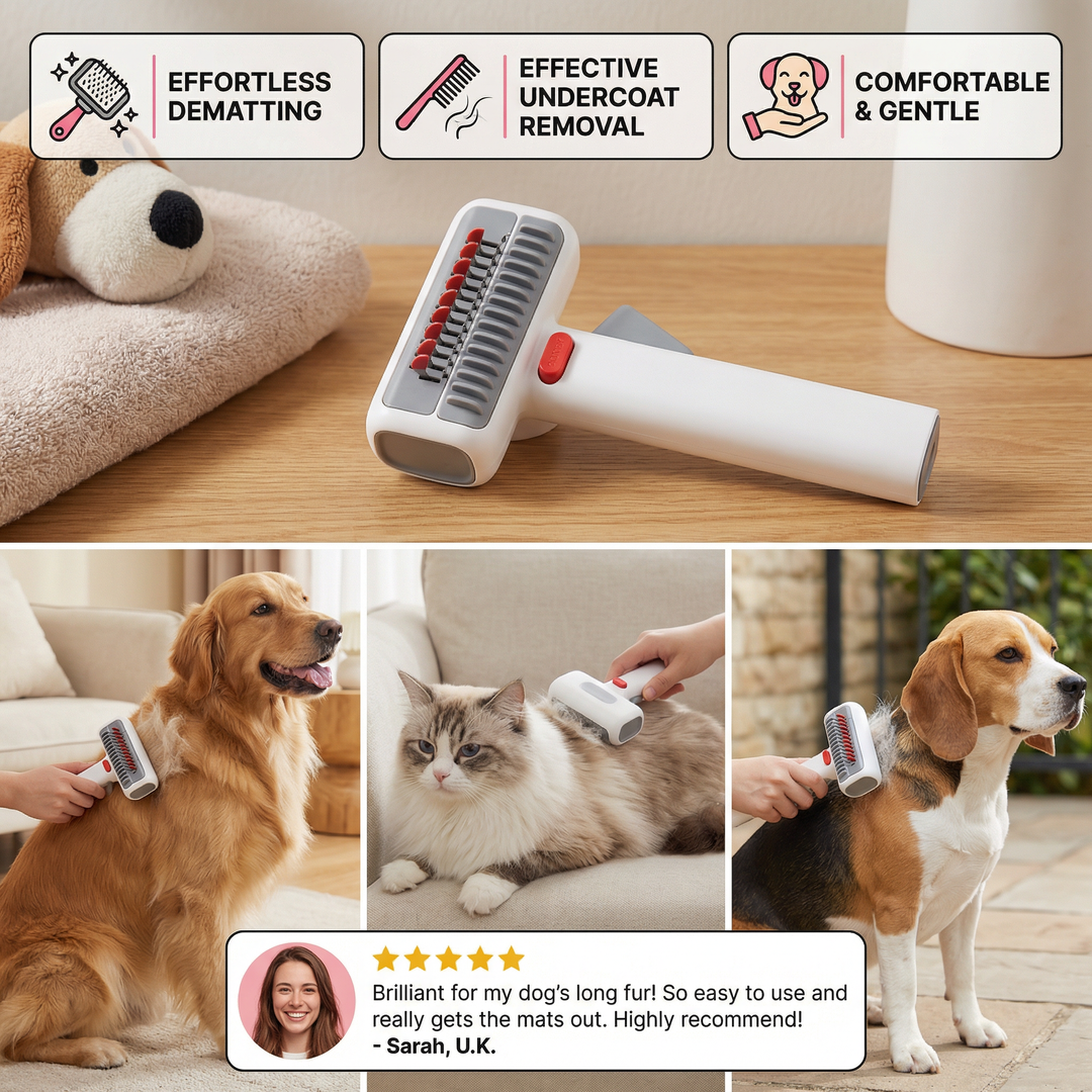Ergonomic 2-in-1 pet brush. Deshedding tool & dematting comb for efficient cat & dog fur grooming.