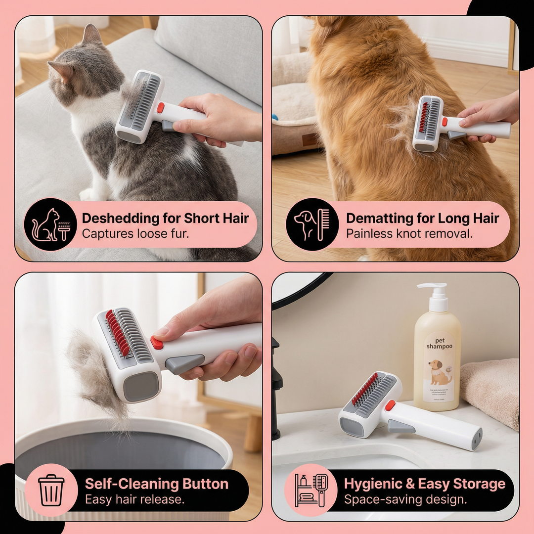 Versatile pet care brush for grooming dogs & cats. Deshedding & dematting comb suitable for long & short hair.
