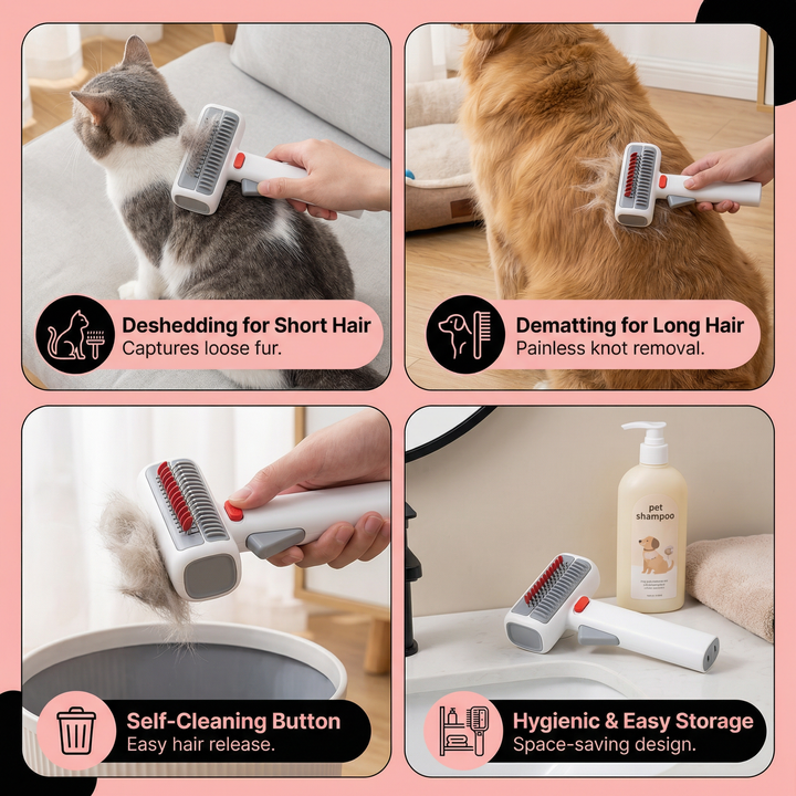 Versatile pet care brush for grooming dogs & cats. Deshedding & dematting comb suitable for long & short hair.