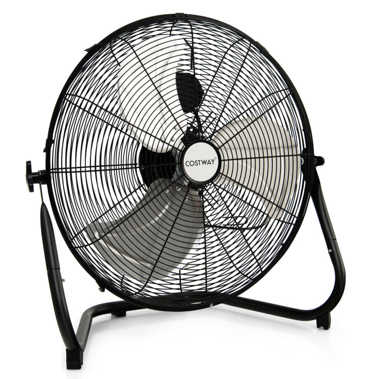 20-inch high-velocity industrial metal floor fan for powerful cooling in garage or workshop, 3 speed air circulator.