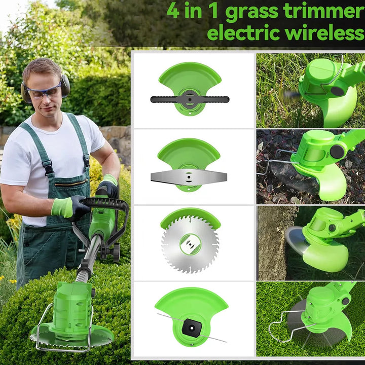 Rechargeable 24V cordless grass trimmer with sharp blades for clean cuts & easy lawn care.