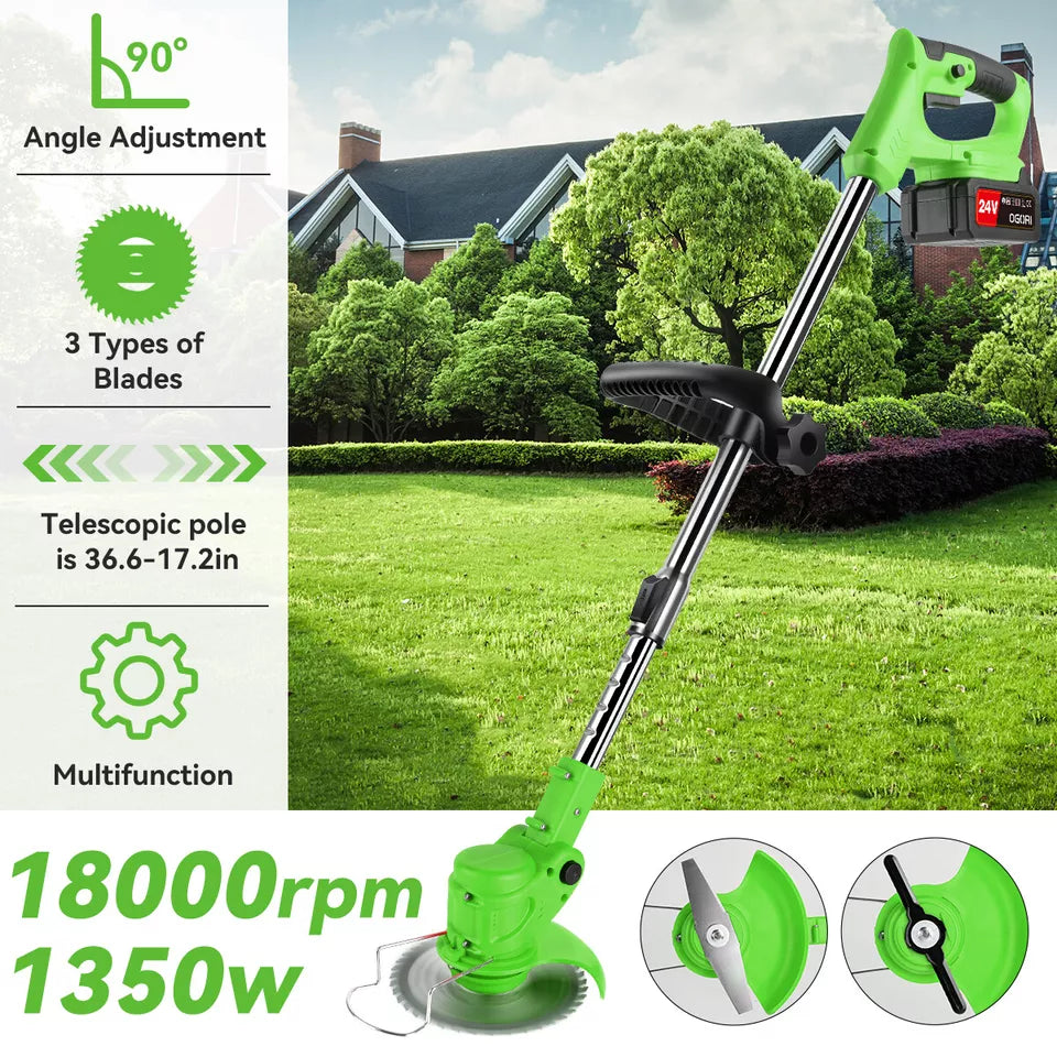 Close-up of 24V cordless grass trimmer's adjustable head & durable blades for precise trimming.