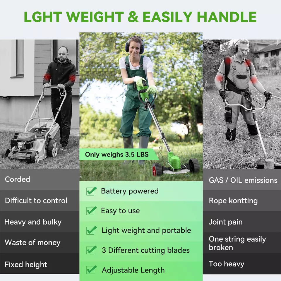 User easily maintaining garden edges with 24V cordless grass trimmer, perfect for yard work.