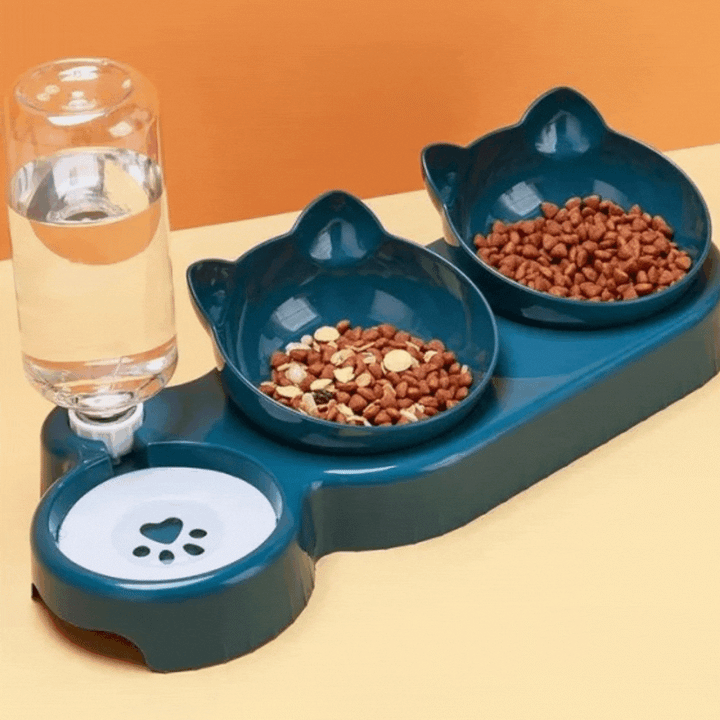 3-in-1 cat feeding bowl with anti-slip base, featuring separate sections for dry food, wet food, and water.
