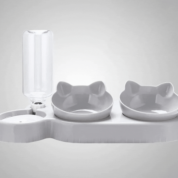 Grey 3-in-1 anti-slip cat bowl, perfect for neat feeding of dry kibble, wet food, and fresh water.