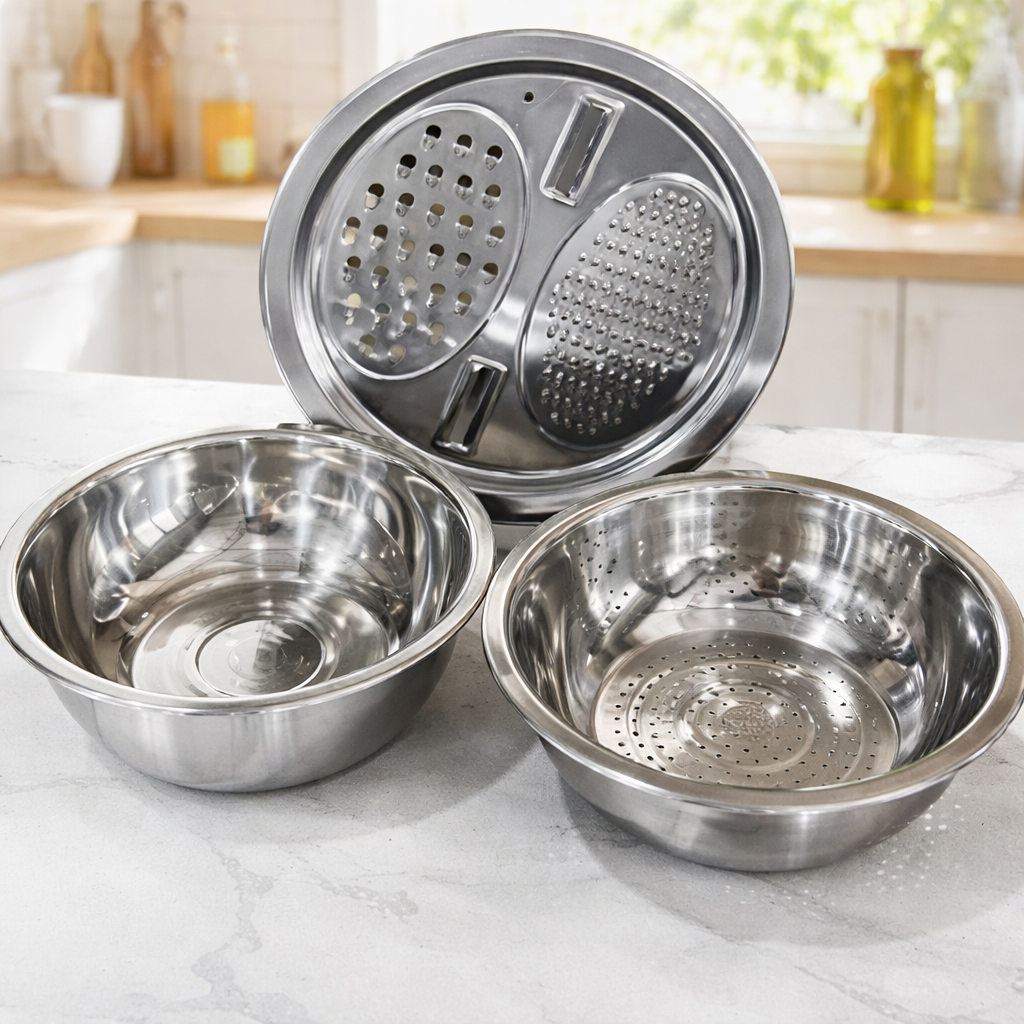 3-in-1 stainless steel mixing bowl set with grater & sieve for versatile kitchen tasks & efficient meal prep.