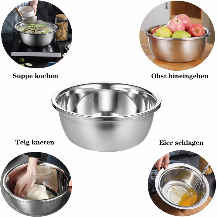 Rinsing fruits in a stainless steel mixing bowl with an integrated sieve function, part of a 3-in-1 set.