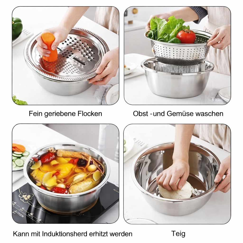 Heavy-duty stainless steel mixing bowl set with grater & sieve, durable cooking tools for daily kitchen use.