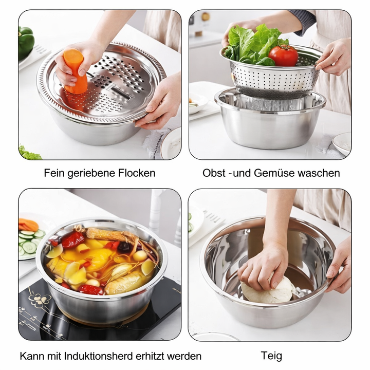 Heavy-duty stainless steel mixing bowl set with grater & sieve, durable cooking tools for daily kitchen use.