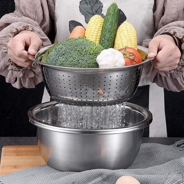 Sleek 3-in-1 stainless steel mixing bowl set, essential for modern kitchen cooking, baking, & food prep.