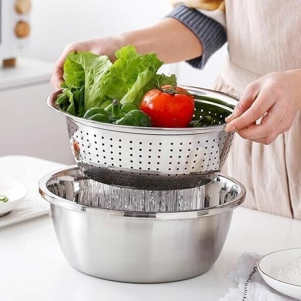 Essential 3-in-1 stainless steel mixing bowls with grater & sieve for all your food preparation & cooking needs.