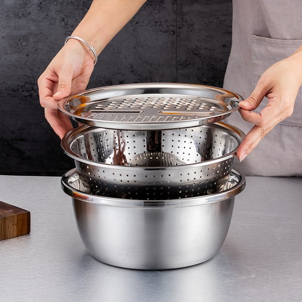 Versatile 3-in-1 stainless steel mixing bowls, grater & sieve attachments shown for diverse kitchen applications.