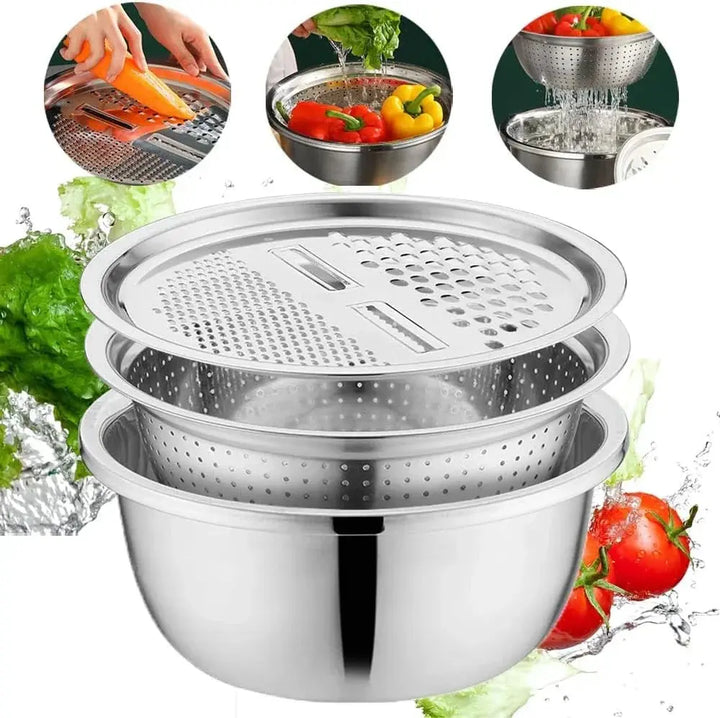 Durable stainless steel mixing bowls with non-slip base, integrated grater & sieve for cooking & baking.