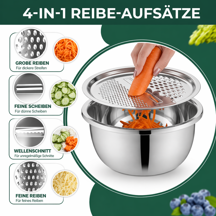 Nesting stainless steel mixing bowl set, perfect for grating, rinsing, & food prep. Includes grater & sieve.
