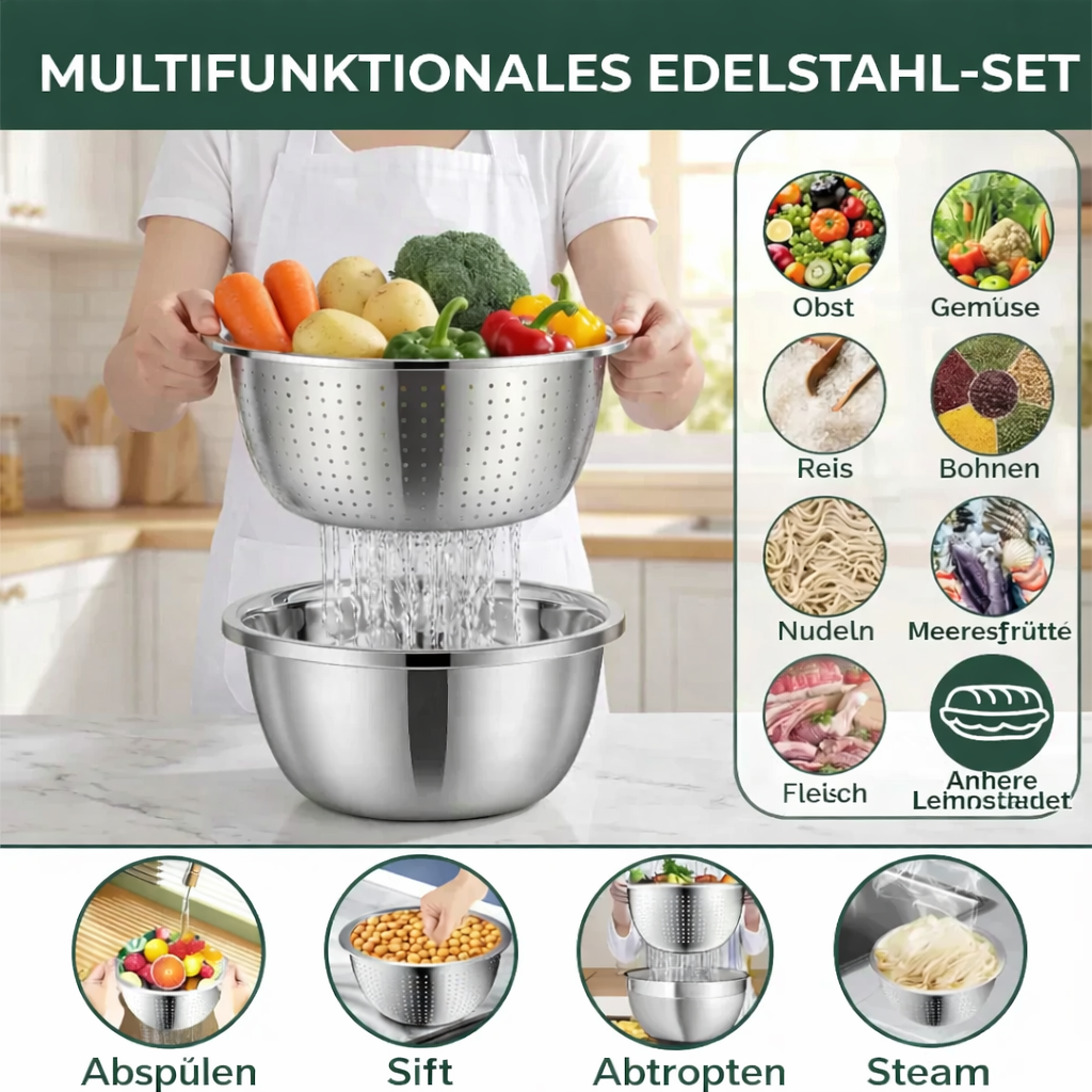Cooking with a 3-in-1 stainless steel mixing bowl, grater, and sieve set, ideal for food preparation.