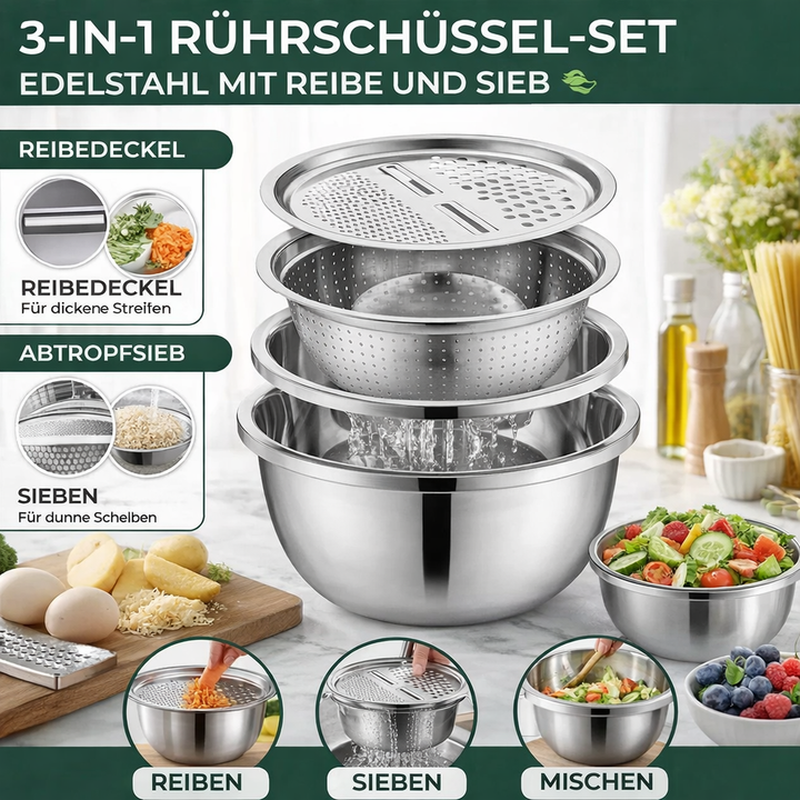 Space-saving 3-in-1 stainless steel mixing bowl set with grater & sieve for organized kitchen cooking.