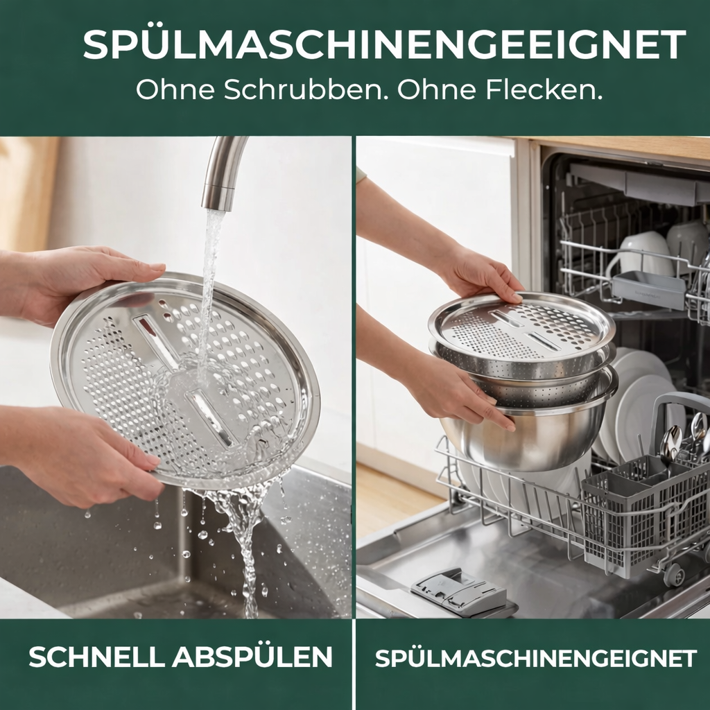 Ergonomic stainless steel mixing bowl set includes fine grater, coarse grater, & sieve for versatile food prep.