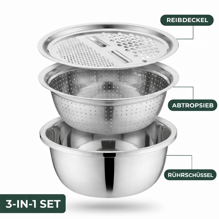 Simplify cooking & meal prep with this versatile 3-in-1 stainless steel mixing bowl, grater & sieve set.