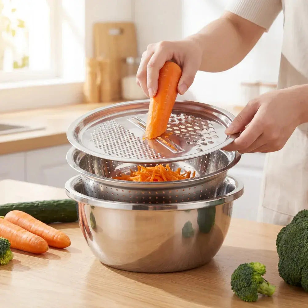 Complete 3-in-1 stainless steel mixing bowl set, showcasing grater & sieve components for kitchen tasks.