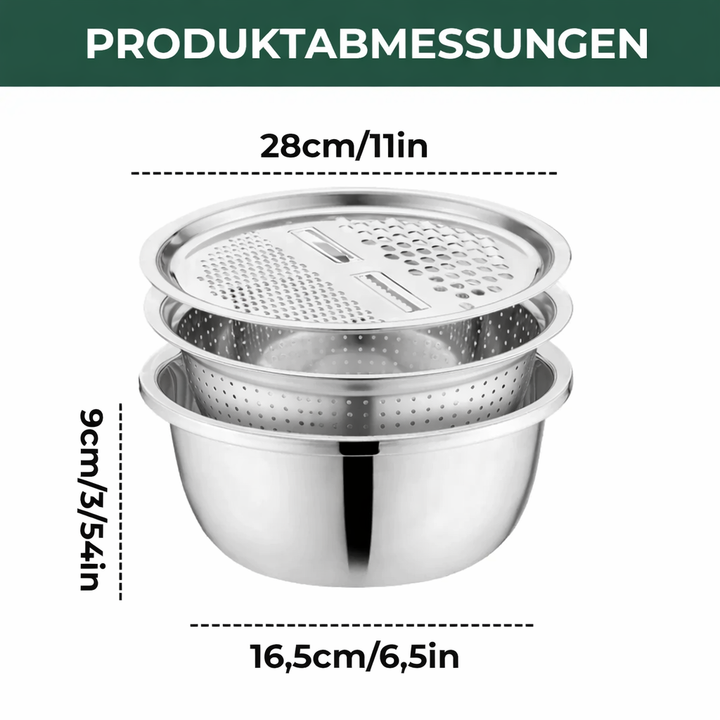 Stainless steel mixing bowl with specialized grater insert for easy cheese grating & food preparation.