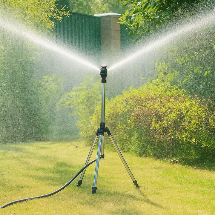 360° adjustable garden sprinkler watering a lush green lawn, ideal for efficient plant irrigation & yard care.