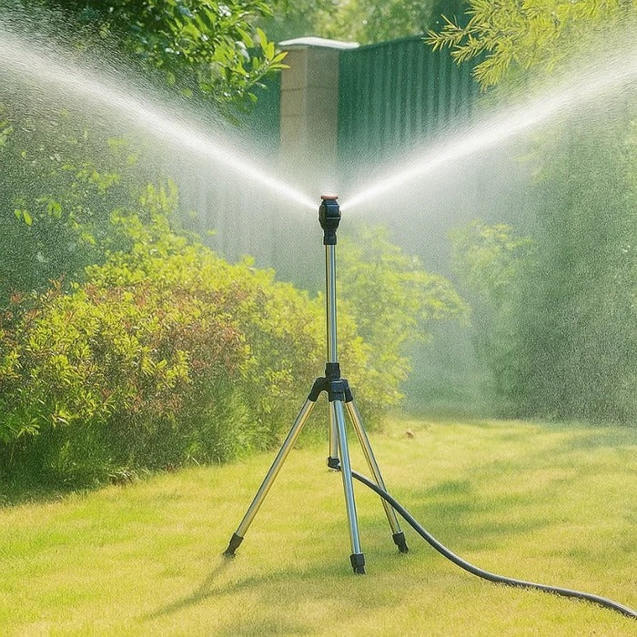 360-degree rotating tripod garden sprinkler for large area lawn irrigation and efficient outdoor watering.