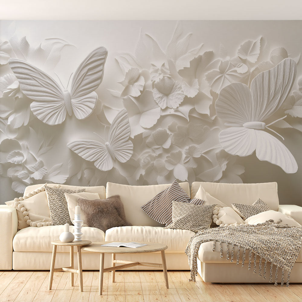 3D Floral Butterfly Wall Mural Wallpaper, peel and stick self-adhesive for bedroom/living room wall decor, nature aesthetic.