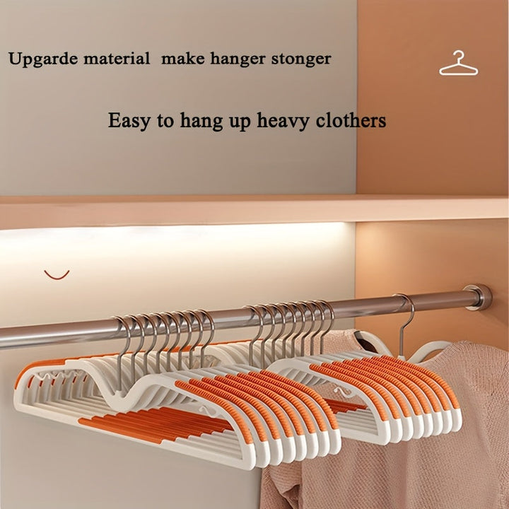 Closet organization with 40 space-saving clothes hangers, short neck, rotating hook design.