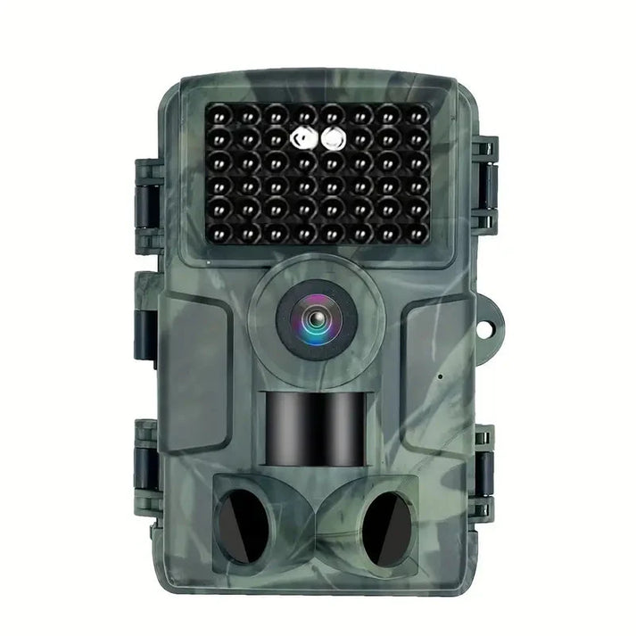 Close-up of a 4K Ultra HD 60MP wildlife trail camera, showing crisp detail for outdoor observation.