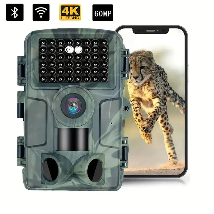 4K Ultra HD wildlife camera mounted on a tree, blending into the forest for discreet nature observation.