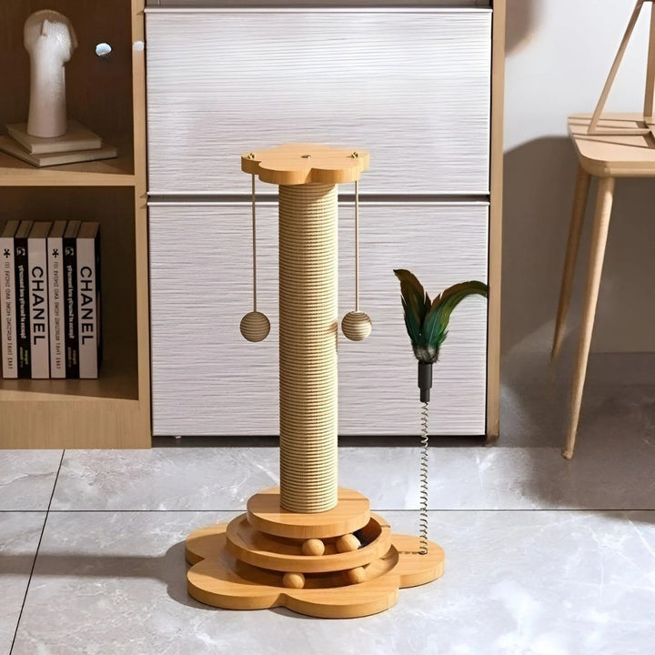 5-in-1 interactive wooden cat toy with multiple play features for feline fun