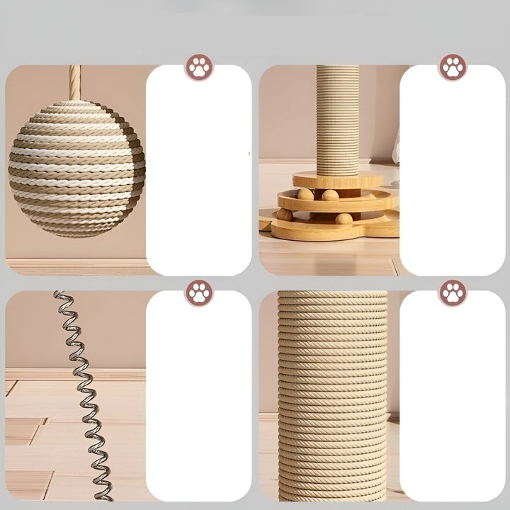 Wooden cat toy station offering scratching, chasing, and batting play opportunities