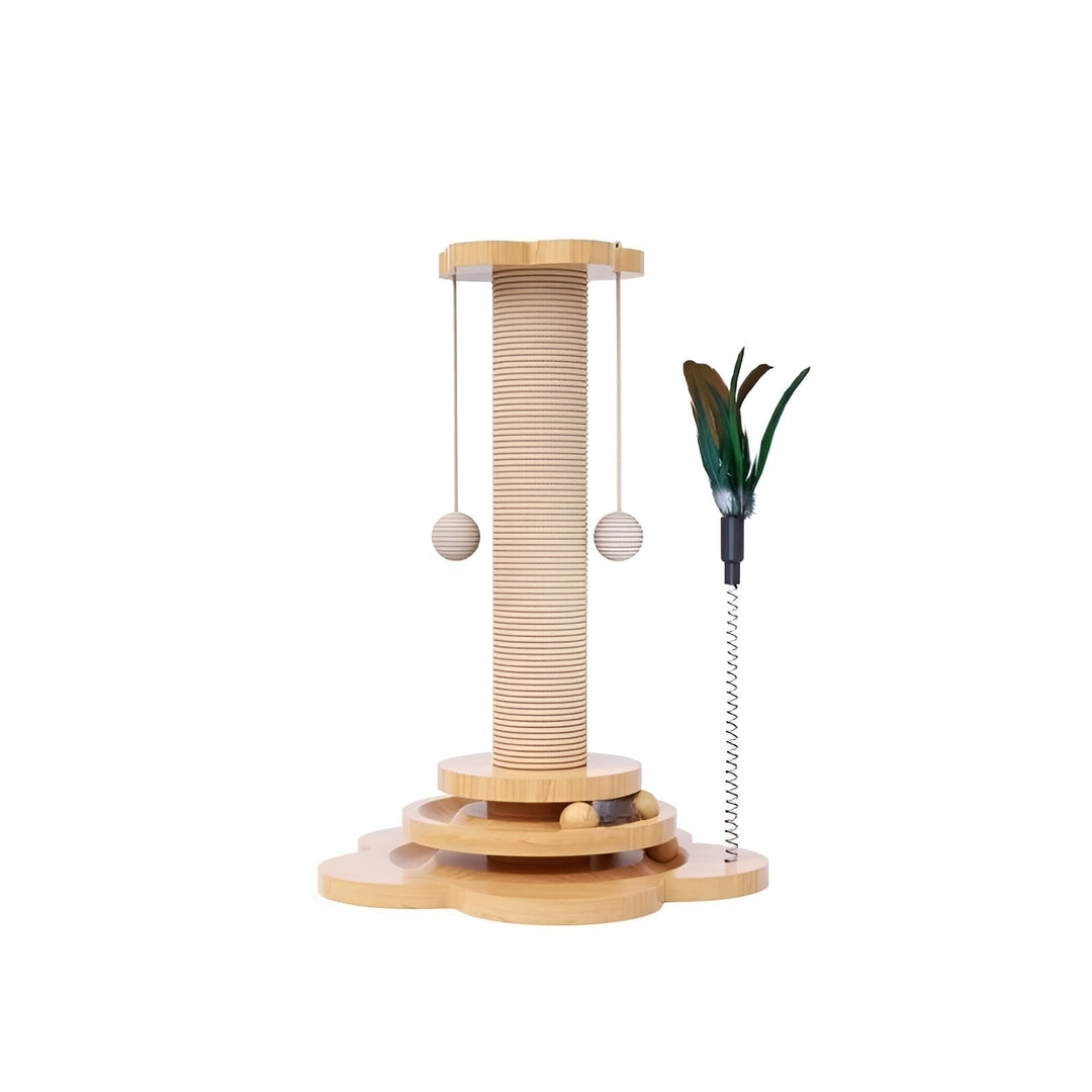 A stimulating wooden cat toy providing scratching and interactive play for cats