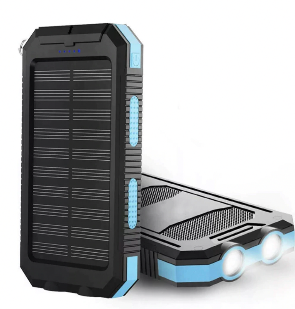500,000mAh waterproof solar power bank with dual USB ports, ideal for outdoor adventures.