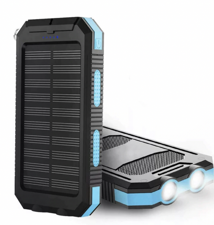 500,000mAh waterproof solar power bank with dual USB ports, ideal for outdoor adventures.