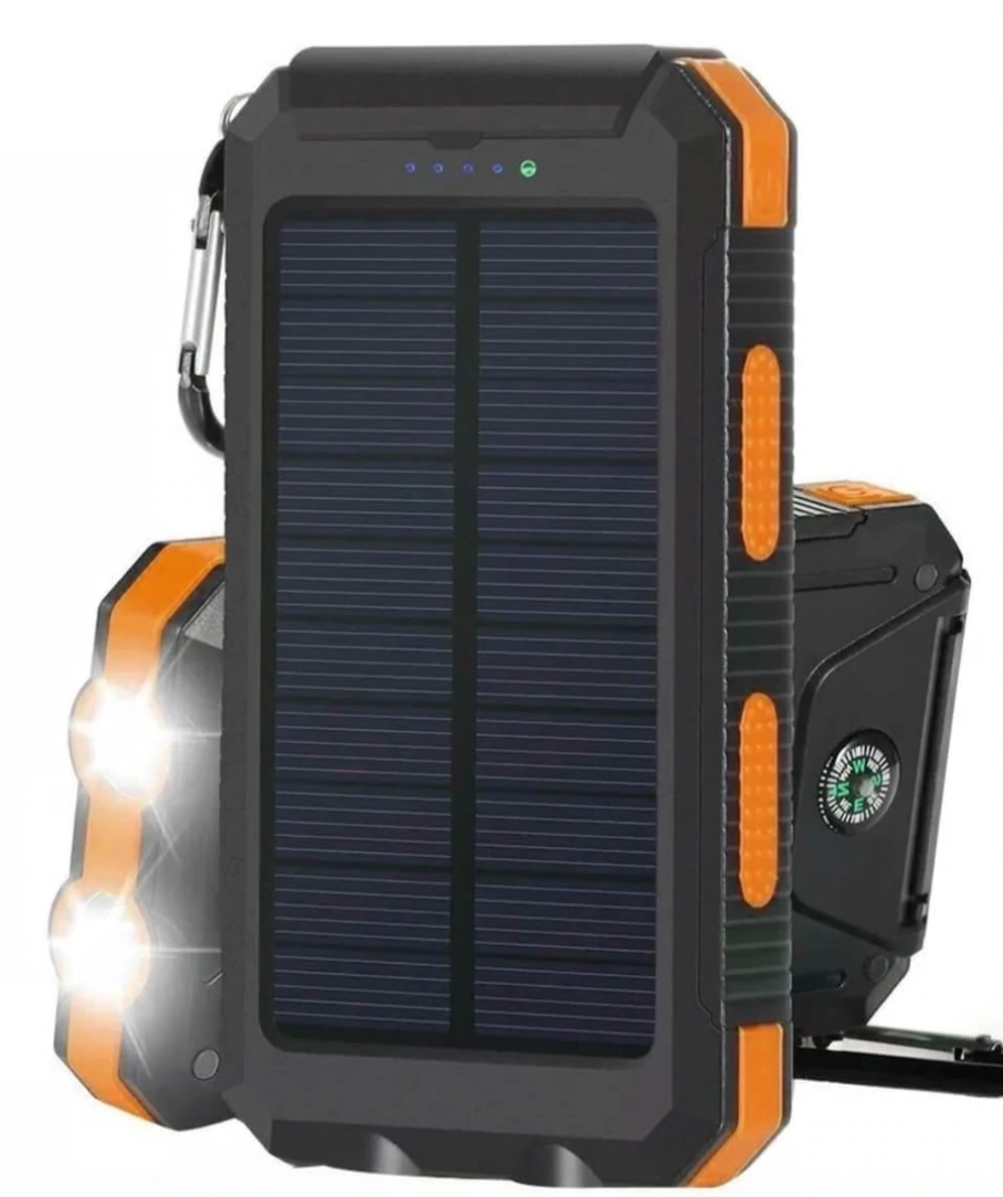 Durable outdoor solar power bank featuring LED flashlight and dual USB output for charging devices.