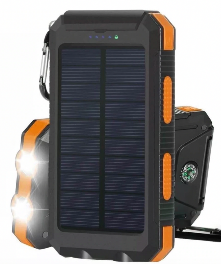 Durable outdoor solar power bank featuring LED flashlight and dual USB output for charging devices.