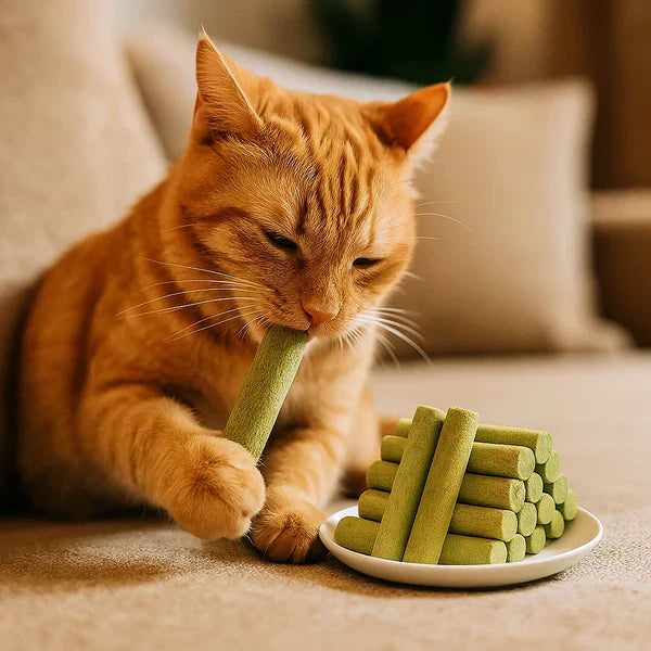 6 natural cat grass sticks for teeth cleaning, digestion support & hairball control. Healthy feline chew toy & treat.