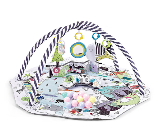 Interactive baby activity gym with soft foam mat and engaging sensory toys, perfect for babies aged 0-6 months.