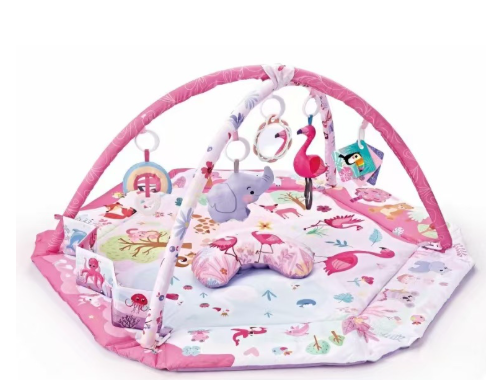 Multifunctional baby play center with a cushioned foam mat and stimulating sensory toys for playtime and learning.