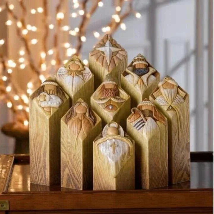 9-piece resin nativity scene pillar statues for Christmas holiday decor.