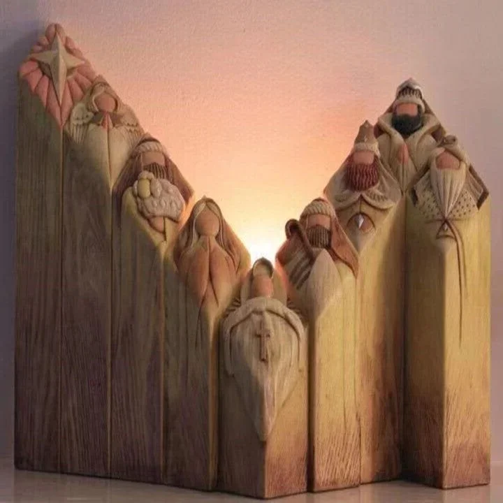 Spiritual decor featuring a complete resin nativity set with pillar statues.