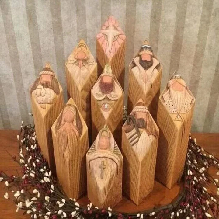 Festive Christmas decor: Nativity scene pillar statues for a holy centerpiece.