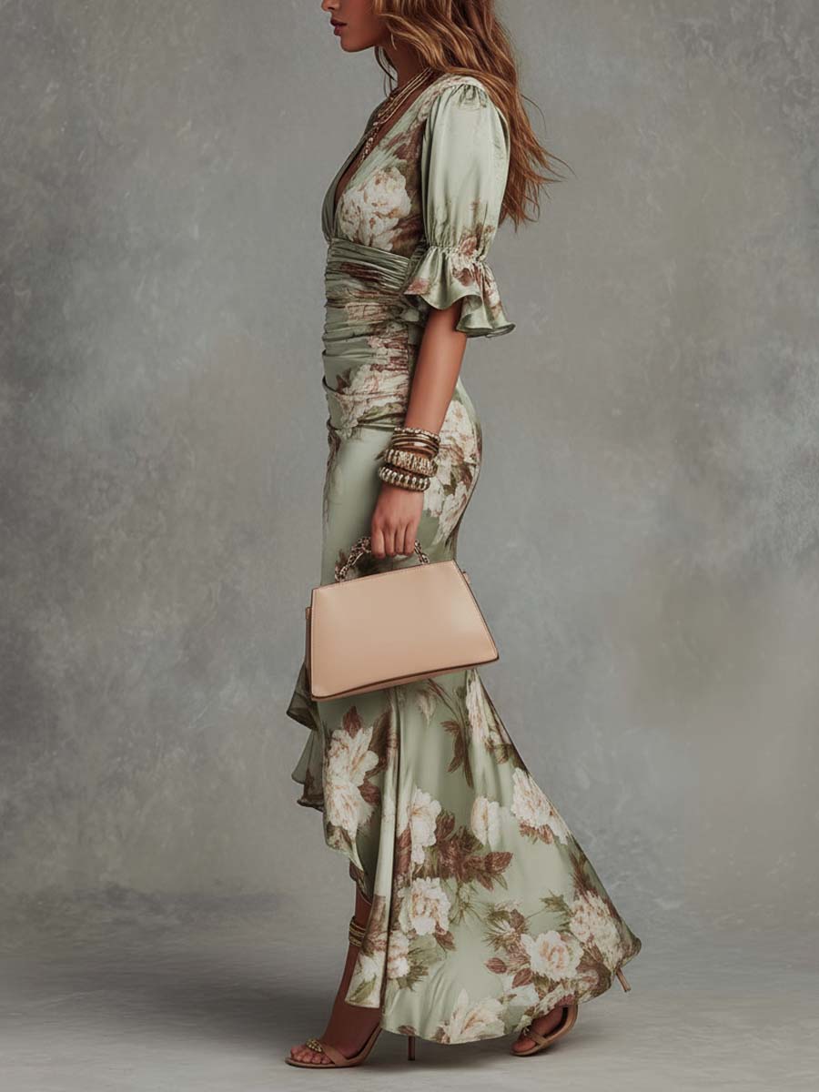 Navy blue asymmetrical long floral midi dress, featuring an elegant flowy silhouette, ideal for evening events.