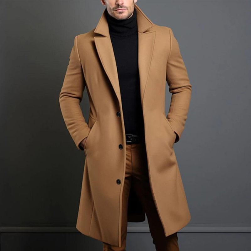 Aaron men's slim fit long wool coat in black, perfect for stylish winter fashion.